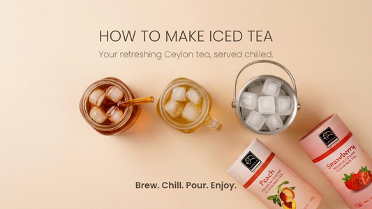 Overhead view of two glasses of iced tea and a bucket of ice, with Lakdiva Peach and Strawberry Ceylon tea boxes