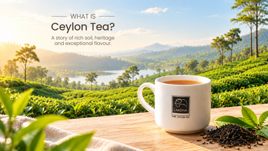 Cup of Ceylon tea on a table overlooking a tea plantation and lake in Sri Lanka's hill country